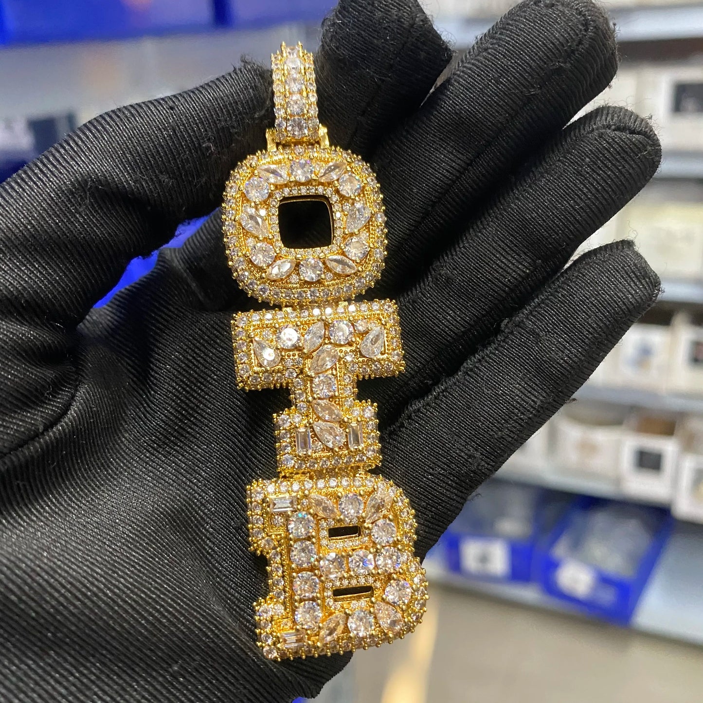 THE BLING KING Custom Vertical Initial Letter Pendant Mixed Inlay Different Shape Cubic Zircon NamePlate Necklace Hiphop Jewelry