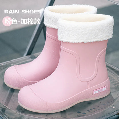 Fashionable women's rain boots for outdoor wear, mid-calf waterproof and anti-slip rubber shoes for kitchen work, water boots