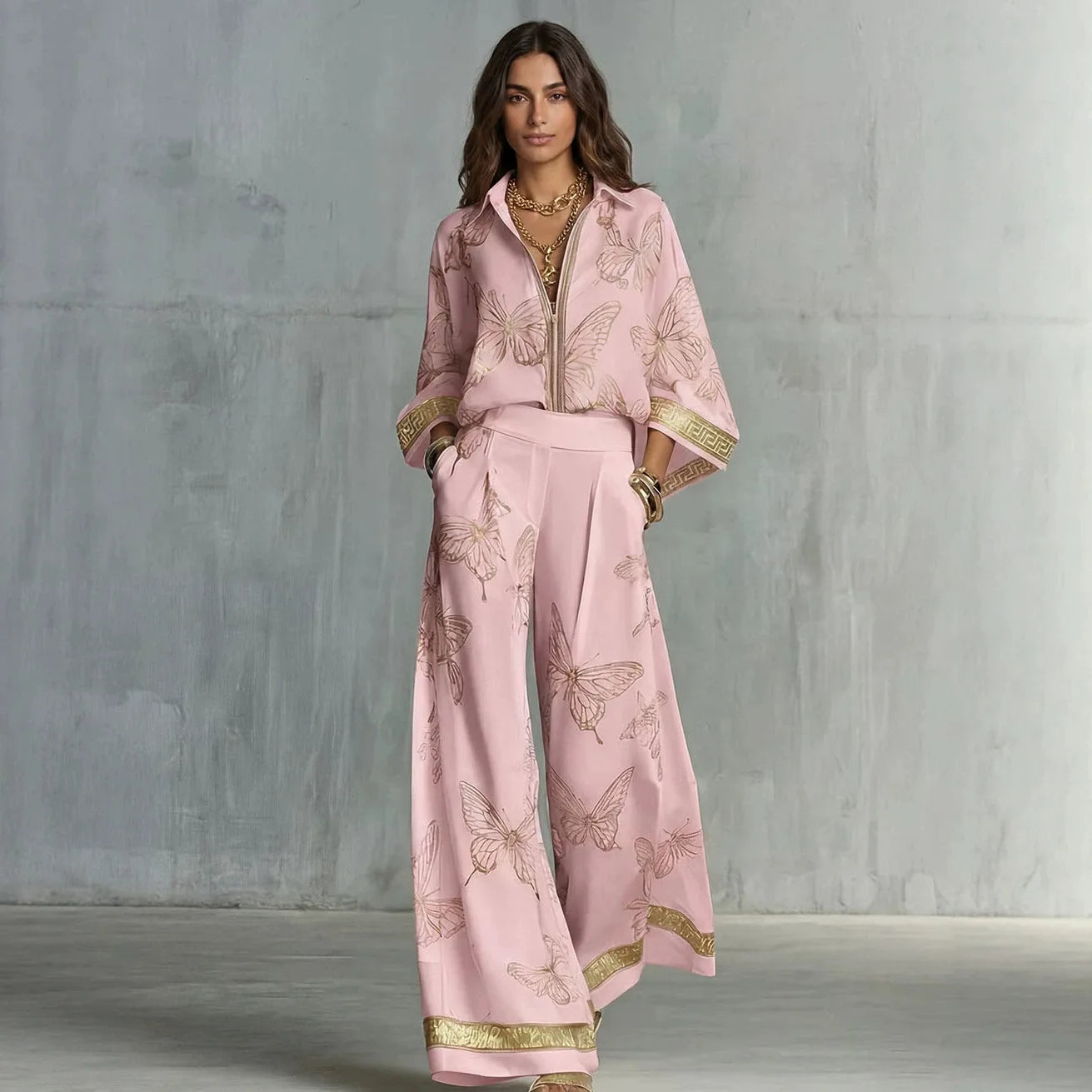 Fashion Set For Women Autumn 2026 New Loose Lapel Zipper Long Sleeve Coat Top Wide Leg Pants Two Piece Set Leisure Print Outfits