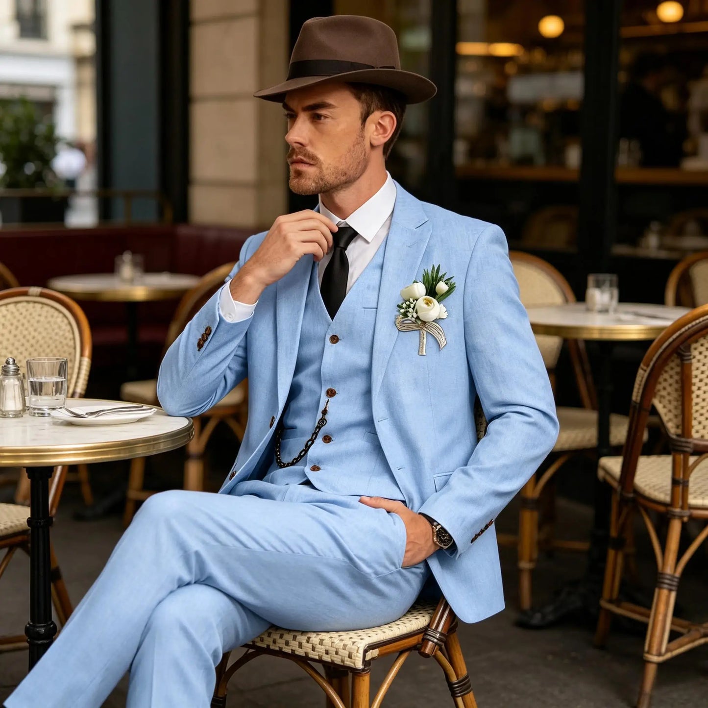 Men's 3 Piece Linen Suit, Slim Fit Notch Lapel Single Breasted Blazer Vest Pants Set Breathable Casual Business Wedding Suit