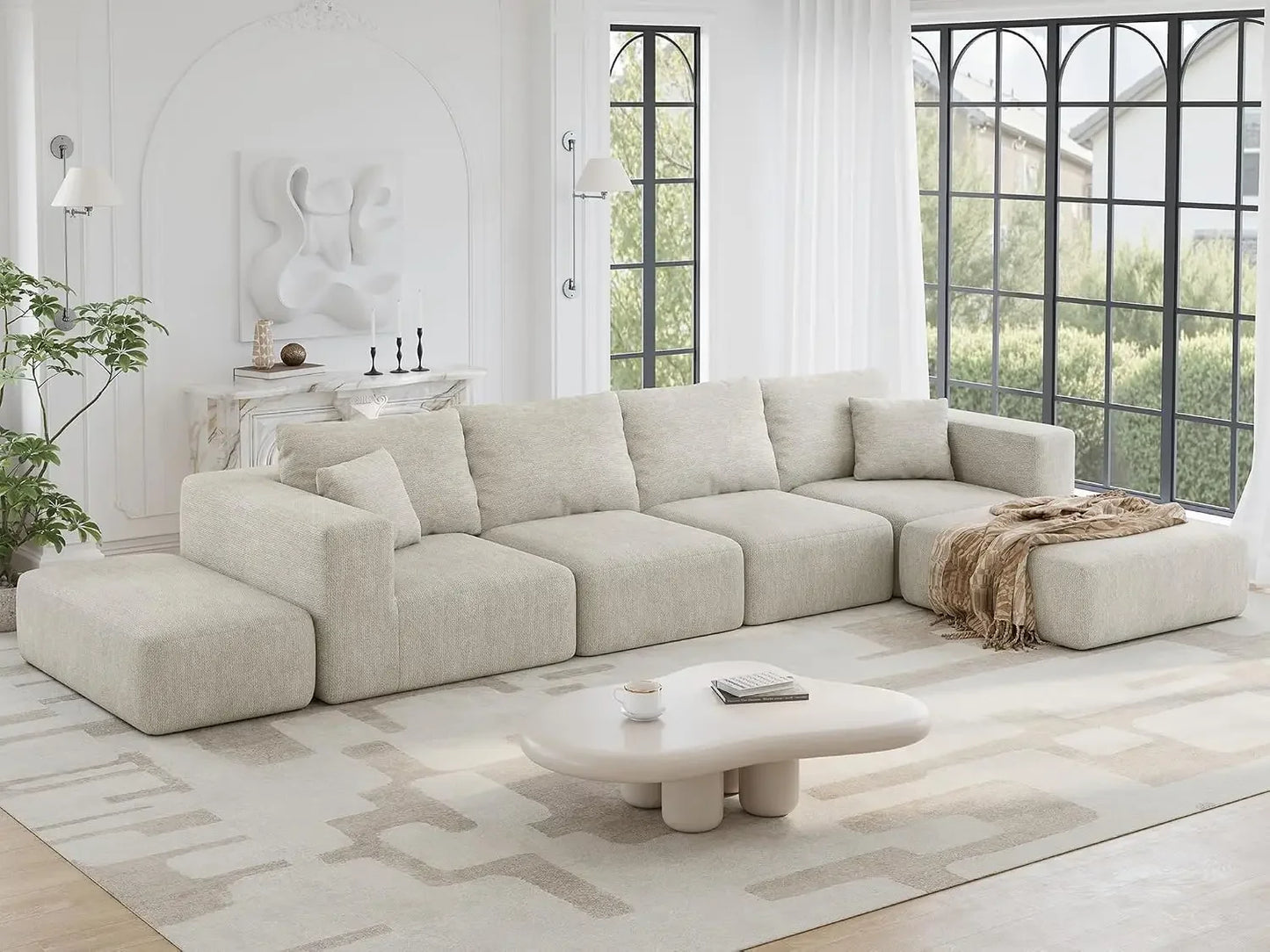 Extra Deep 150 Inch Oversized Modular Sofa Beige Couch Sectional Six Seat
