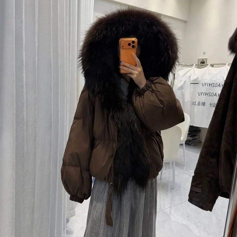 OFTBUY Hooded Loose Puffer Jacket Female New Fashion Luxury Winter Clothes Women Duck Down Coat with Big Natural Fur Collar