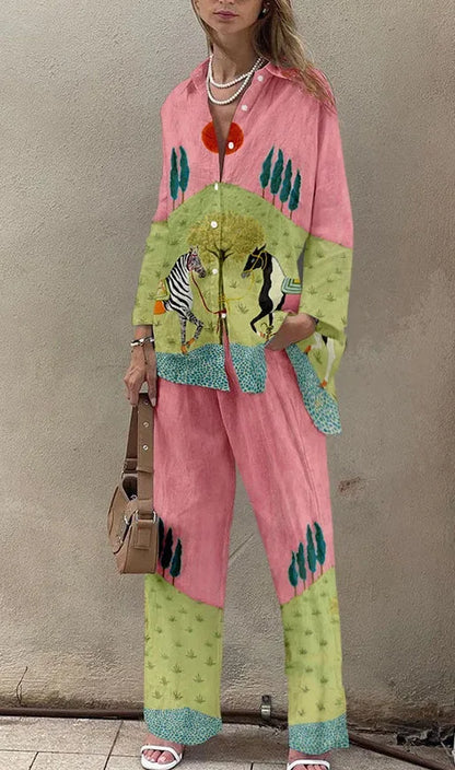 Summer Casual Shirts Two Piece Outfits 2 Pieces Set For Woman New In Matching Sets Blouse For Woman Temperament Vacation Printed
