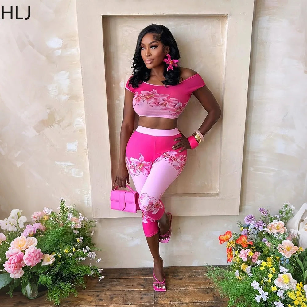 HLJ 2026 New Women Floral Print 2 Piece Set Off Shoulder Short Sleeve Crop Top + High Waist Capri Pants Summer Casual Streetwear