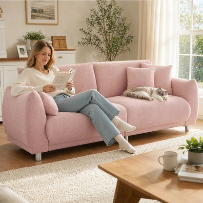 86.6 Inch Teddy Fleece Sofa With Four Throw Pillows Hardware Feet Can Sit Comfortably In An Apartment Bedroom Without Taking Up Space