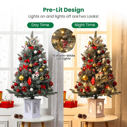 3FT Prelit Artificial Christmas Tree with Lights 3 Foot Artificial Christmas Tree with Snowflake Base 78 LED Prelit Christmas Tree Battery Operated Timer Easy Assembly Winter Holiday Decor