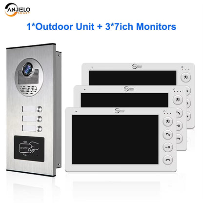 ANJIELO SMART 2/3/4 Unit Multi Apartments Intercom Video Doorbell with RFID Card Unlock 7inch 4Wired Video Door Phone System