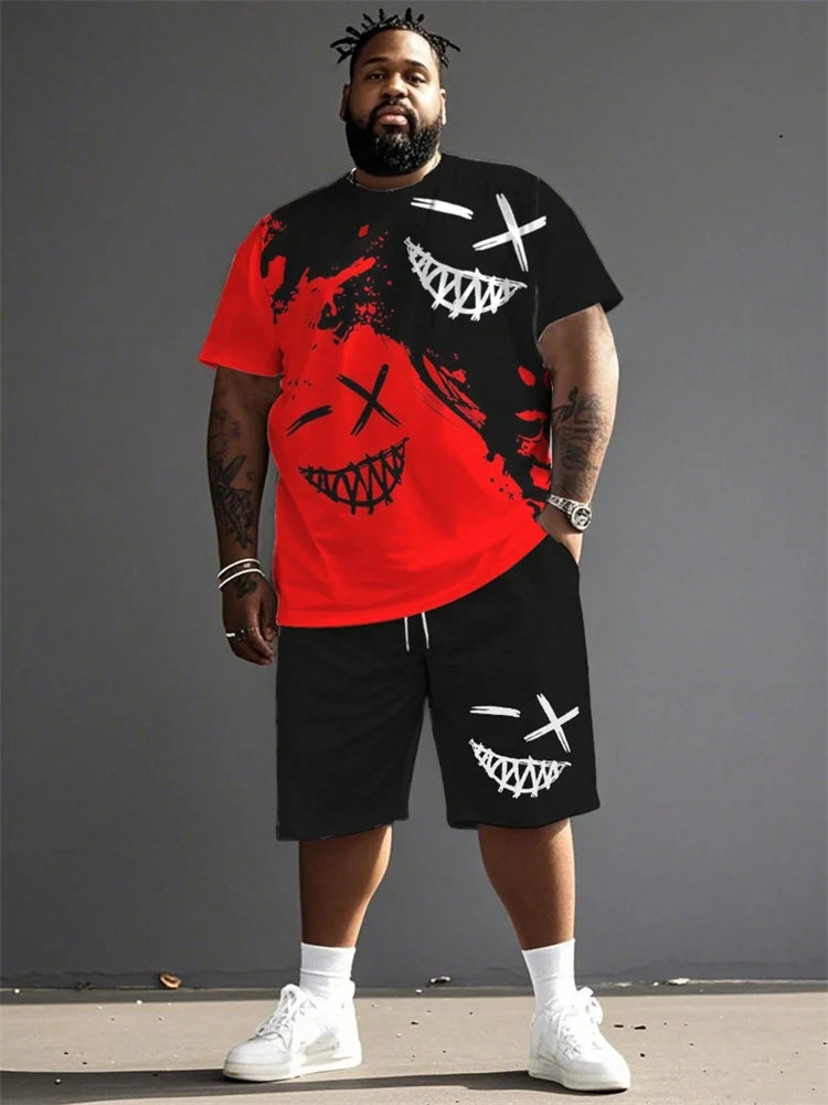 2026 Summer Men 2-Piece Set Fun Cartoon Bear Print Short-Sleeve T-Shirt and Shorts Set Sporty Style Plus Size Fashionable Outfit