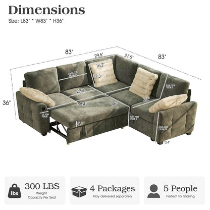 L-Shaped Sectional Sofa Bed with Storage, 5-Seater Convertible Pull Out Sleeper Sofa with USB Charging Ports, 4, Customized
