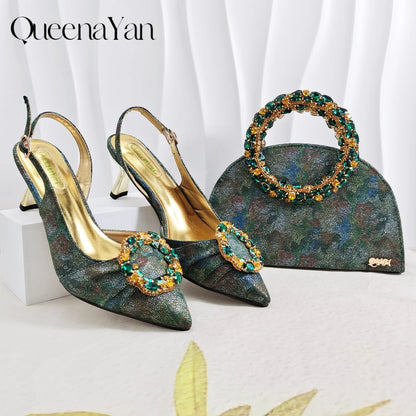 Multicolor Glitter Rhinestone Ring Handle Evening Clutch And Women High Heels Shoes Set Wedding Party Matching Bag