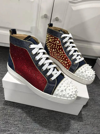 Red Rhinestones Gold Metal Rivets Men's Casual Sports Shoes Round Toe Lace-Up Thick Flat Sole High-Top Sneakers Male Patchwork