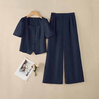 2PCS Women OL Work Outfits ZANZEA Summer Square Neck Short Sleeve Blouse Wide Leg Pant Sets Solid Color 2 Pieces Sets Tracksuit