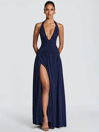 Mozision Halter Deep V Neck Sexy Maxi Dress Women Elegant Off-shoulder Sleeveless High Split Pleated Club Party Long Dress
