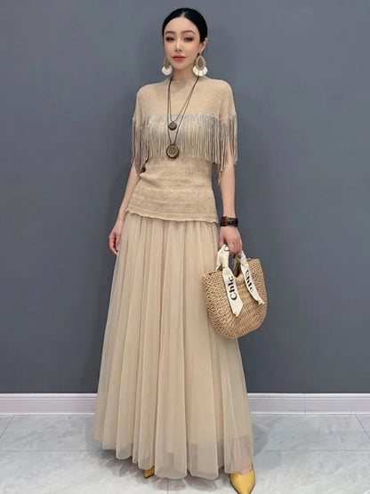 SHENGPALAE Fringe Short Sleeve Knit Top Tulle Maxi Skirt Two Piece Set Elegant Casual Summer Women Outfit 2026 New Summer