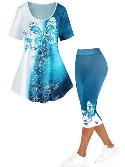Plus Size Matching Sets Summer Female Large Size Blue Butterfly Print Color T-Shirt Short Sleeve Print Pants Casual Two-Piece Se