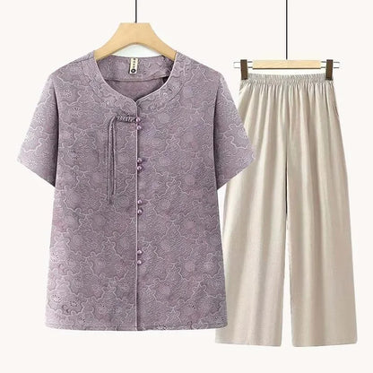 Women's New Chinese Style Short Sleeve Shirt Pants Set Summer Casual Two Piece Outfit for Elderly Mothers