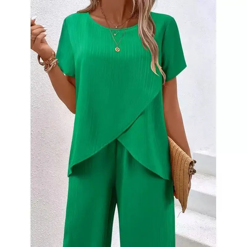 2 pieces women sets 2026 summer short-sleeved irregular round-neck loose top+casual solid color pant sets women's clothing