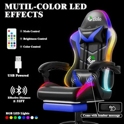 Gaming Chair, Racing Style RGB LED Lights Gaming Chairs for Adults and Kids, Lumbar Massager Gamer Chair, High Back