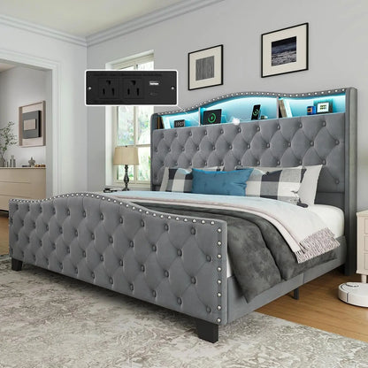 King Size Platform Bed Frame with 50.9" LED Headboard, Beige, Custom