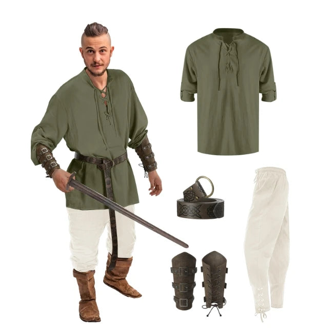 4 Pcs Halloween Men's Renaissance Costume Set Medieval Pirate Shirt Ankle Banded Pants Viking Belt Accessories