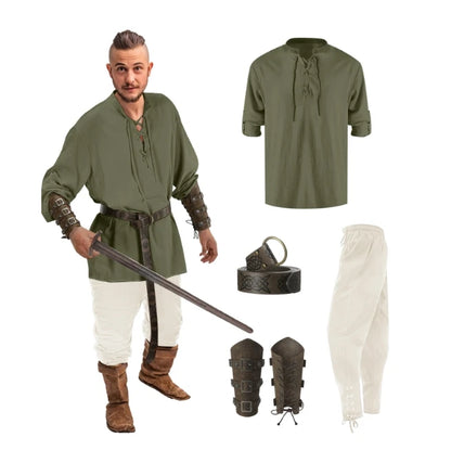 4 Pcs Halloween Men's Renaissance Costume Set Medieval Pirate Shirt Ankle Banded Pants Viking Belt Accessories