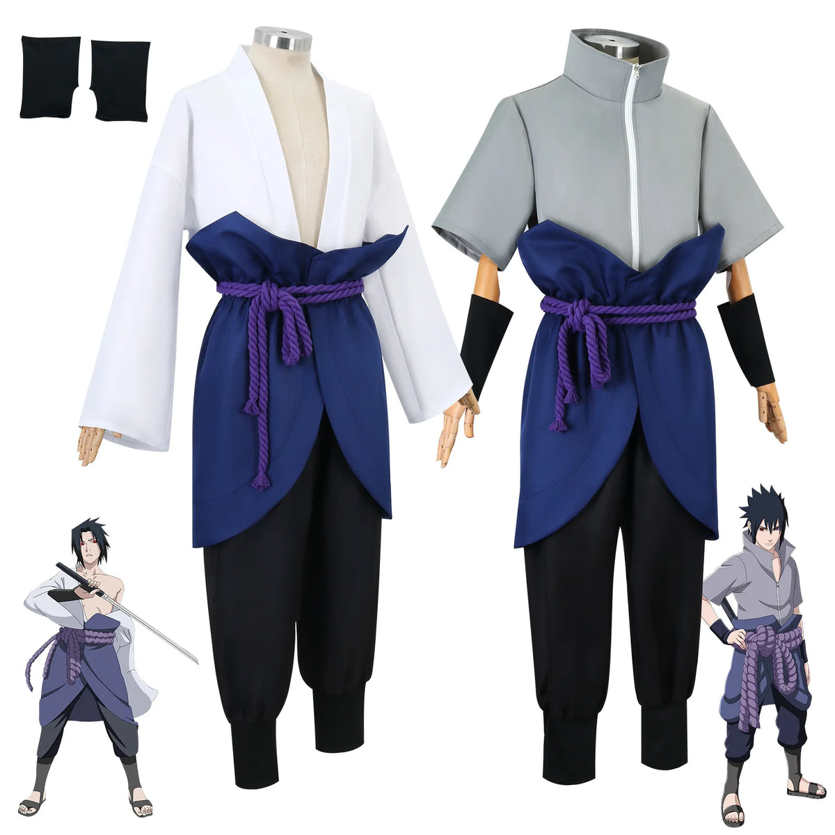 Uchiha Sasuke Cosplay Costume Set - Anime Hokage Shippuden Third Generation Gray Top Suit Wig for Halloween