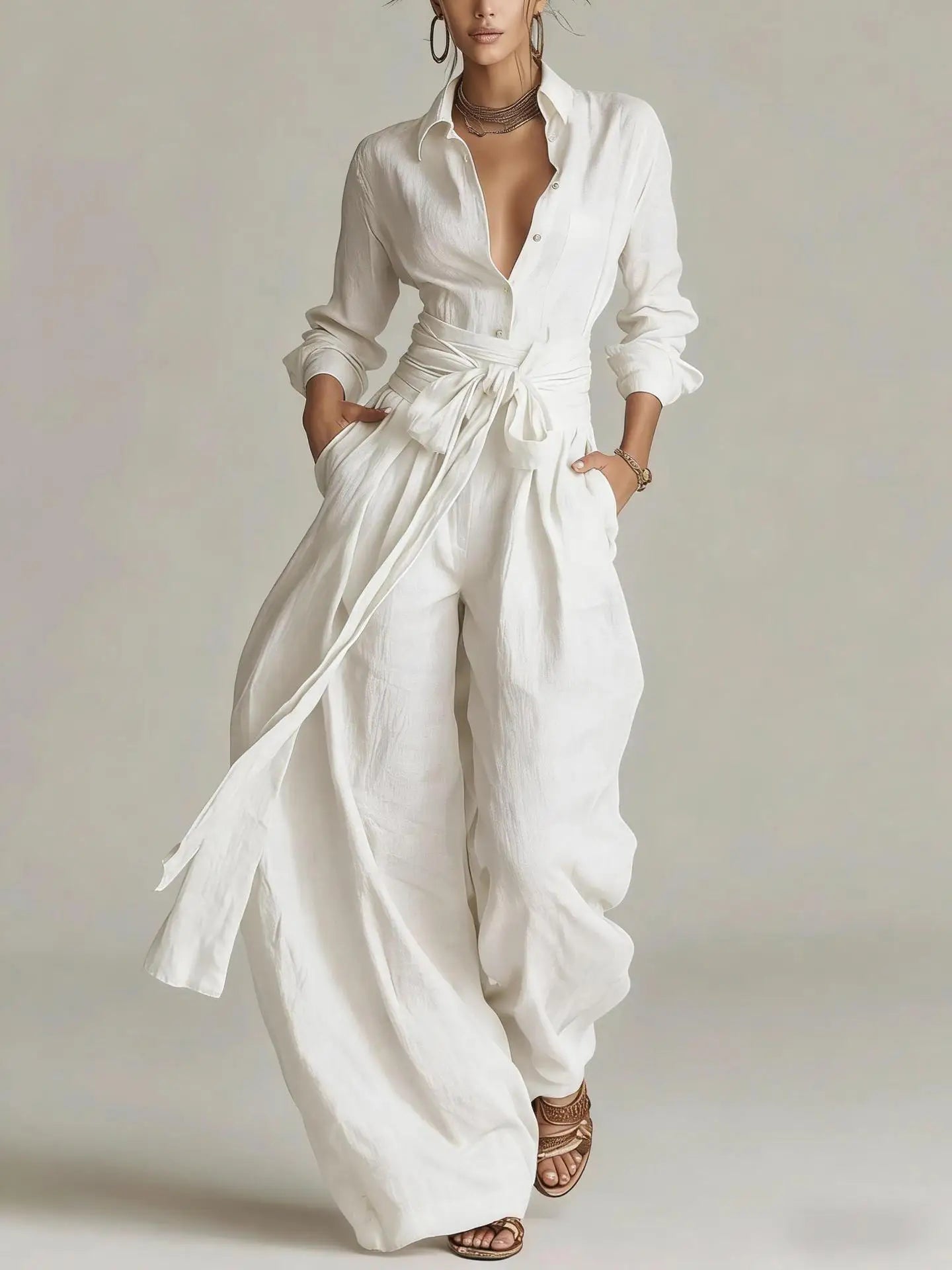 Temperament Female Two Piece Set Summer Fashion Lapel Strap Design Wide Leg Pants Suit With Pocket Lady High Waist Office Outfit