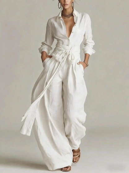 Temperament Female Two Piece Set Summer Fashion Lapel Strap Design Wide Leg Pants Suit With Pocket Lady High Waist Office Outfit