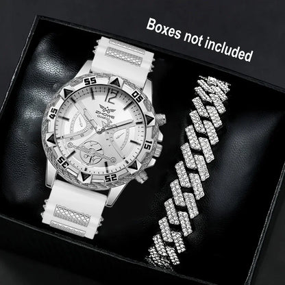 Business 2PCS Men's Fashion casual Luxury Silicone Band Diamond Quartz Bracelet Wrist Watch set（Box Not Included ）