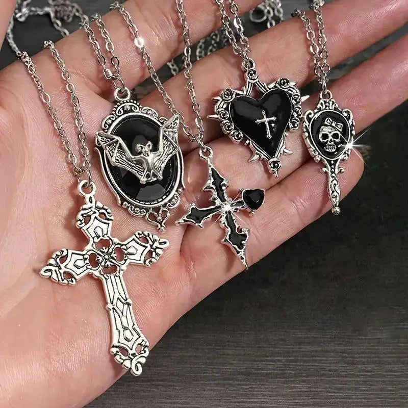5Pcs Gothic Necklace Set For Women Halloween Jewelry Heart Bat Spider Cross Pendant Sweater Chain Trendy Daily Accessories Gift