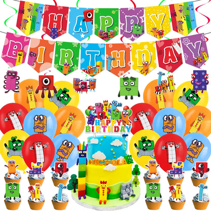 New 1Set Numberblocked Party Supplies TV Show Number Latex Balloons Toy Decor Happy Birthday Banner Bunting Cake Topper Balloon