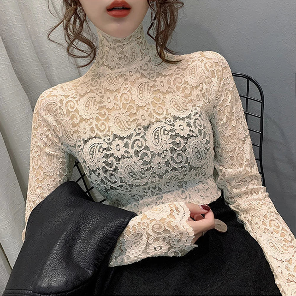 Blouse Women Transparent Lace T Shirt Stretch Turtleneck Petal Sleeve Girl Blusas Mujer De Moda Black White Apricot Shirt Tops