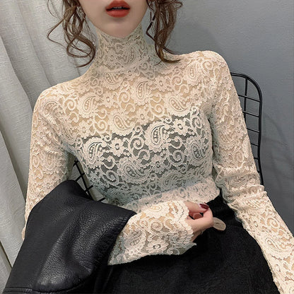 Blouse Women Transparent Lace T Shirt Stretch Turtleneck Petal Sleeve Girl Blusas Mujer De Moda Black White Apricot Shirt Tops