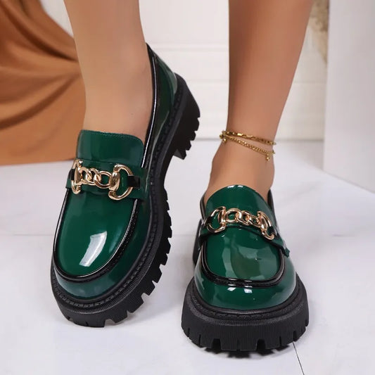 Patent Leather Block Heel Single Shoes Autumn New Round Toe Deep Mouth Metal Chain Platform Anti-Slip Wear-Resistant Loafers