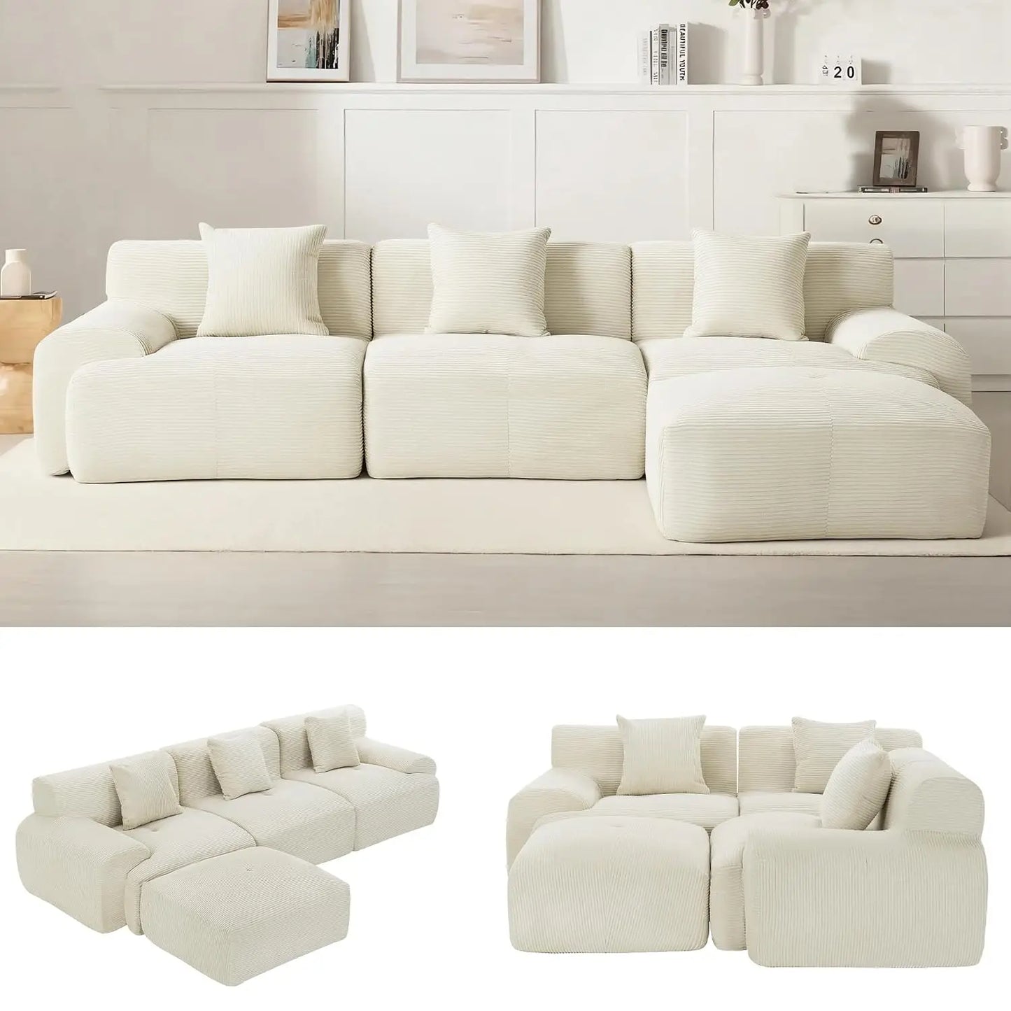 107" Cloud Modular Sectional Couch,Boneless Sofa with Ottman,L-Shape Upholstered Sofas with Deep Seat,Modern Cozy, Custom