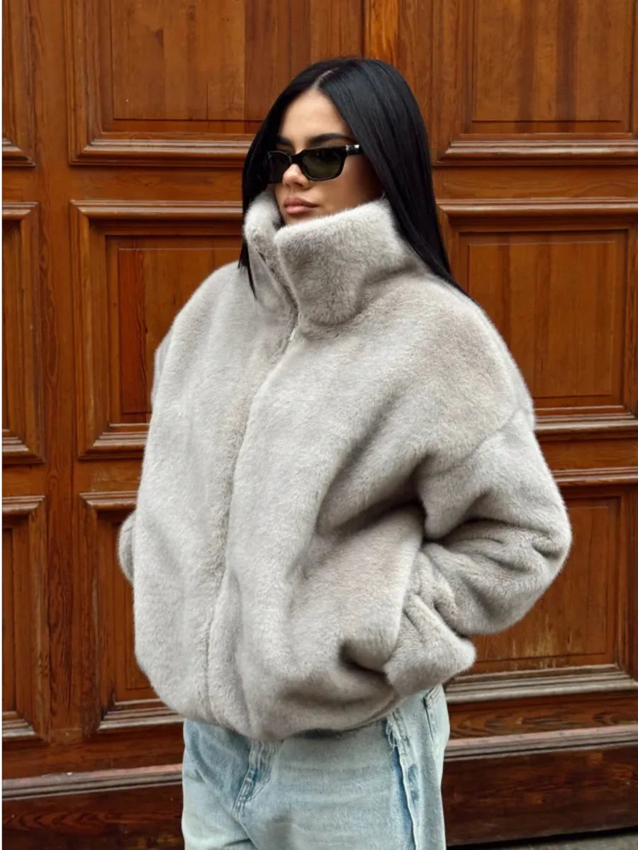 TOKO 2026 New Women High Collar Zip Up Faux Fur Cropped Jacket Drop Shoulder Wide Long Sleeve Gray Silky Plush Loose Fit Coat