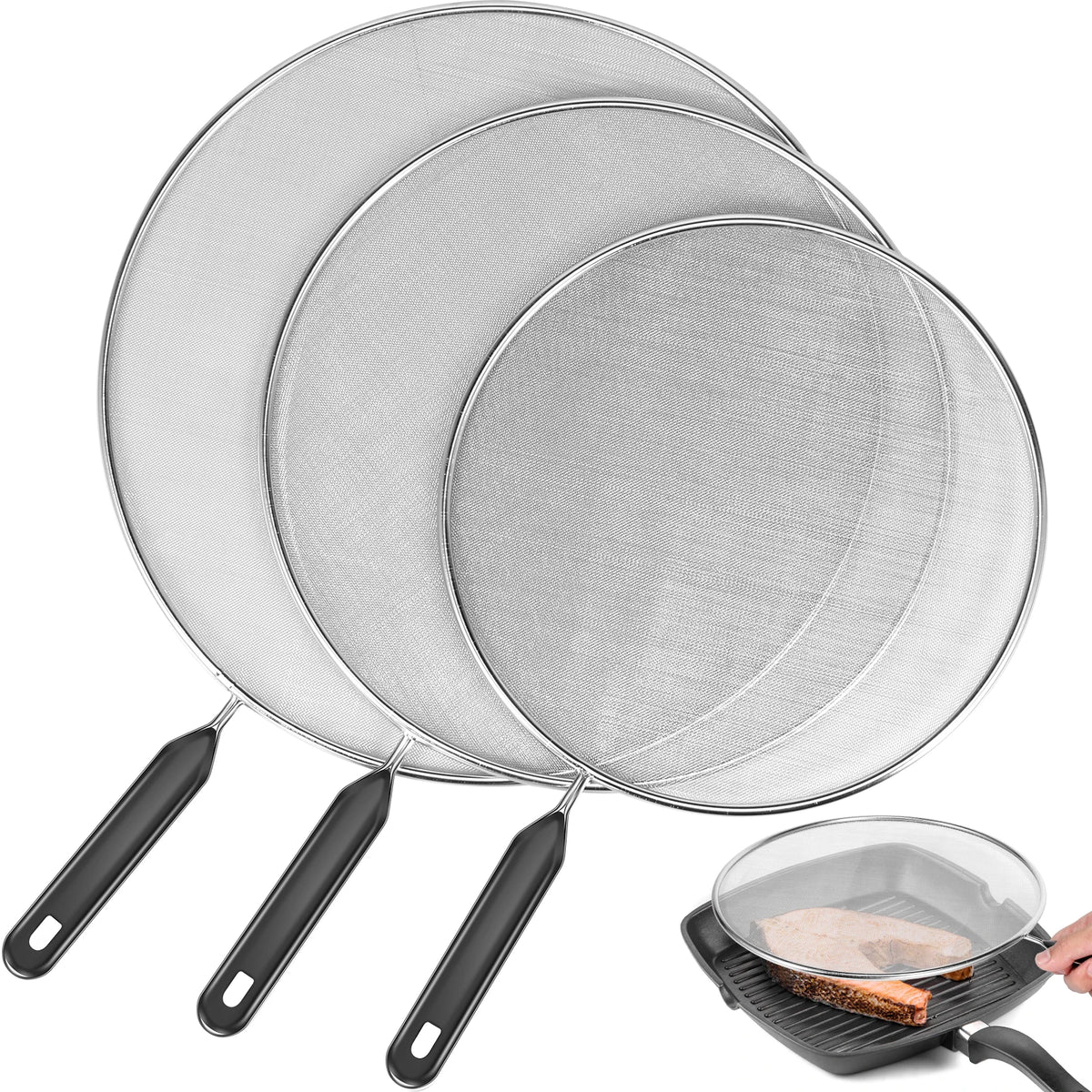 3Pcs Splatter Guard with Handle Stainless Steel Mesh Splatter Screen Splash-Proof Oil Splatter Temperature Resistant for Cooking