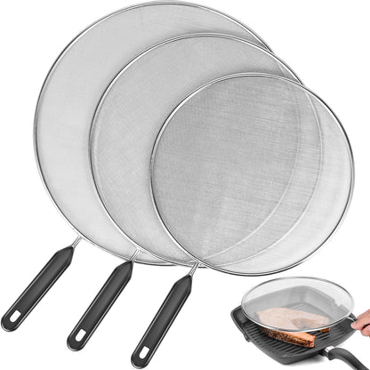 3Pcs Splatter Guard with Handle Stainless Steel Mesh Splatter Screen Splash-Proof Oil Splatter Temperature Resistant for Cooking