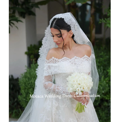 Mocaca Customized White Off the Shoulder Wedding Dresses Lace Long Sleeves Elegant Court Train Bridal Gowns A-Line Wedding Gowns