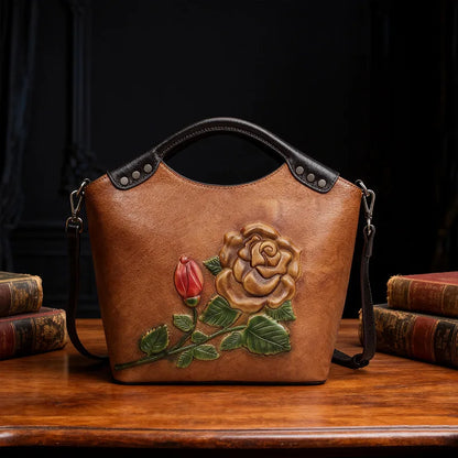 Large Capacity Genuine Leather Crossbody Bag for WomenCowhide Tote with 3D Embossing  Hand-Painted Mother Gift Shoulder Purse