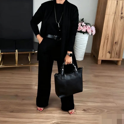 2026 Elegant Ladies Clothing 3 Pieces Set Autumn White Long Cardigan Coat Wide Leg Pants Sets T-shirt  Three-piece Outfit Women
