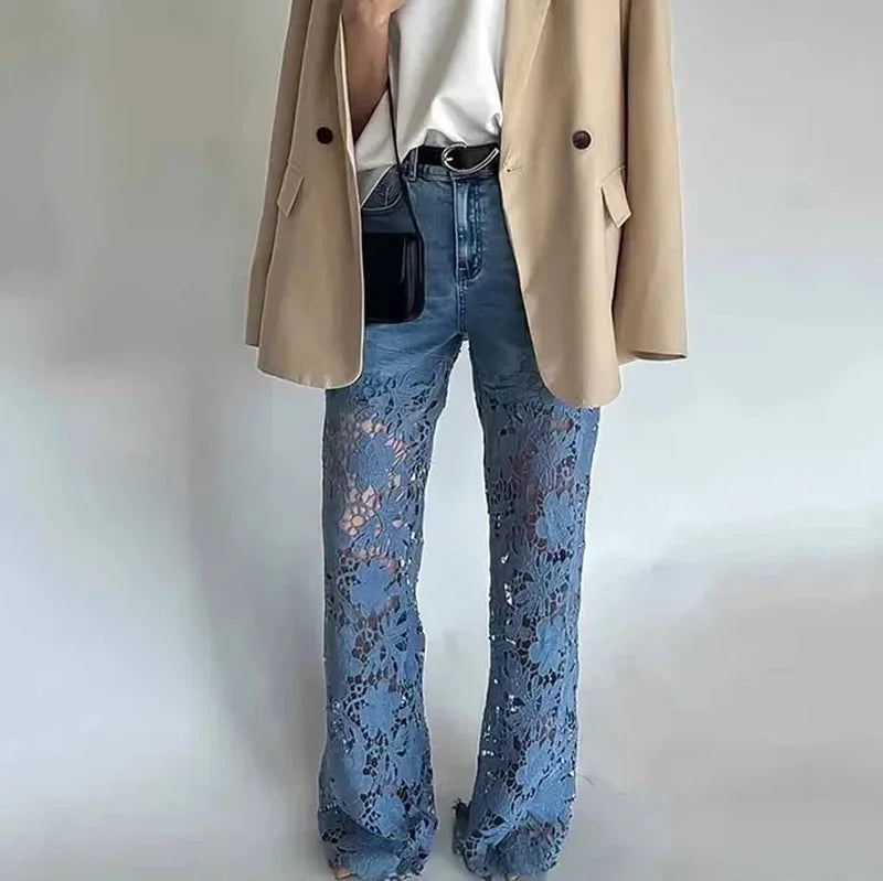 High Waist Wide Leg Jeans Pants Summer Fashionable Lace Splicing Hollow Out Denim Draping Jeans Ladies Cotton Zipper Spring