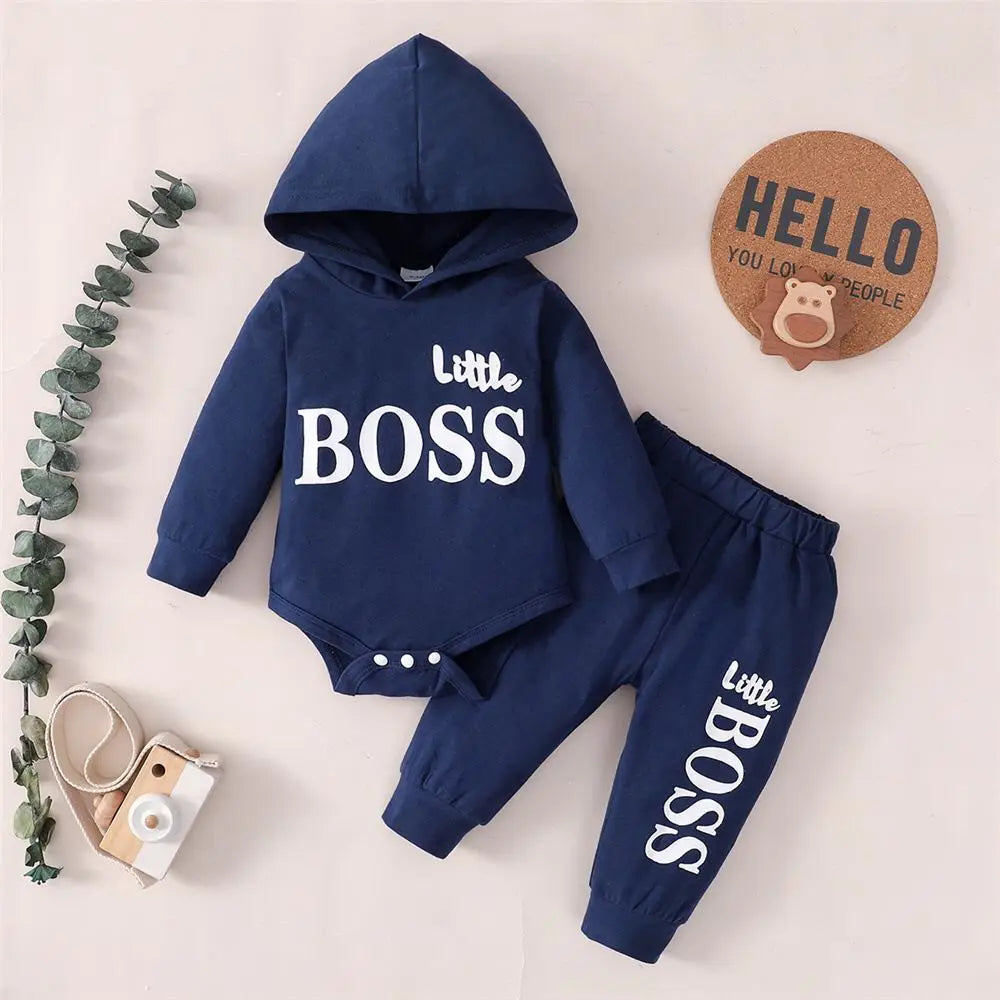 2025 Spring Autumn Infant Toddler Letters Print Hooded Solid Color Two-piece Suit 0-24M Baby Boys Bodysuits+Long Pants Set