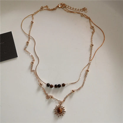 Vintage Leather Brown Stone Sun Pendant Beaded Choker Clavicle Chain Necklace For Women Unique Y2K Personalized Grunge Jewelry