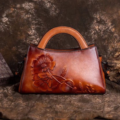 Floral Women Genuine Leather Tote Bag Retro Real Cow Leather Handbag Vintage Ladies Cowhide Shoulder or Crossbody Bags