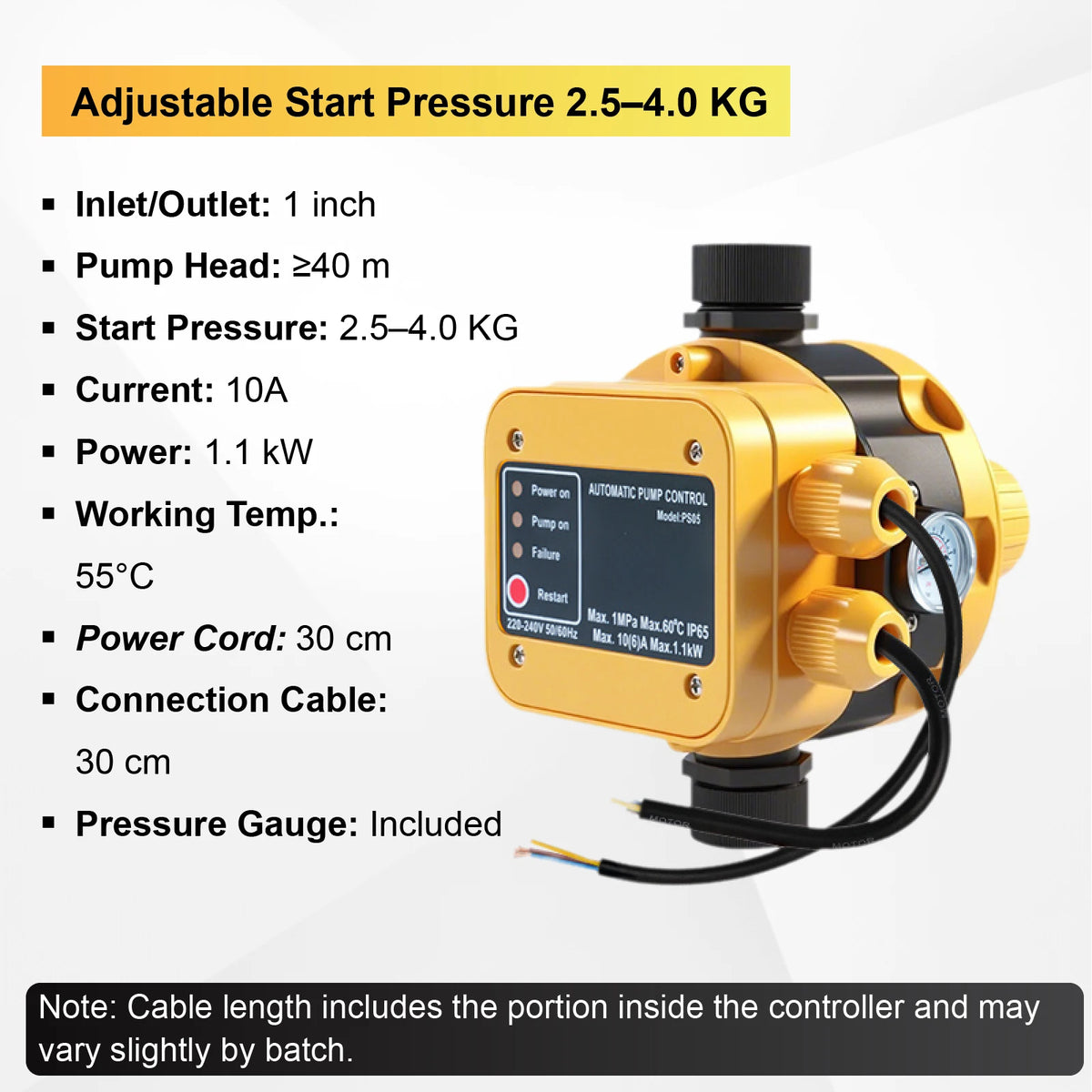 220V Automatic Water Booster Pump Controller Adjustable Pressure Water Pump Pressure Switch Dry Run Protection G1 Inch Thread
