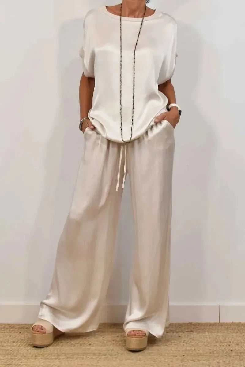 Casual Solid Color Two Piece Set Loose O-neck Short Sleeved Pullover Top Elastic Waist Wide Leg Pants Set Fashio Commuting Set
