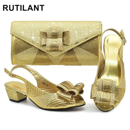 Latest Shoes and Bag Set for Women 2025 Plus Size Heels 43 Low Heels Italian Women Shoes with Bag Set Decorated with Rhinestone