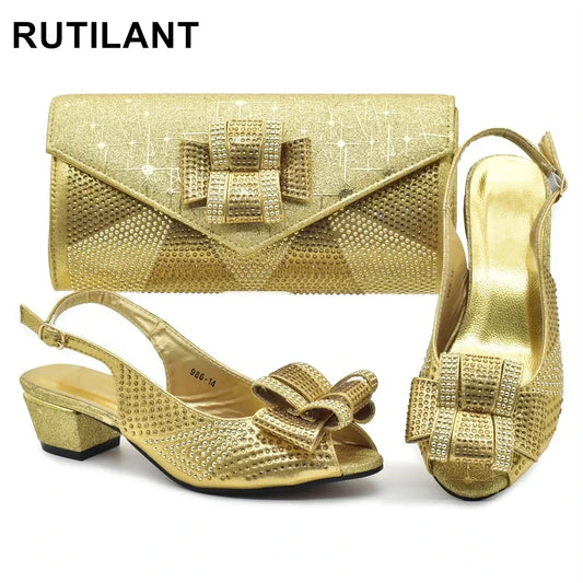 Latest Shoes and Bag Set for Women 2025 Plus Size Heels 43 Low Heels Italian Women Shoes with Bag Set Decorated with Rhinestone