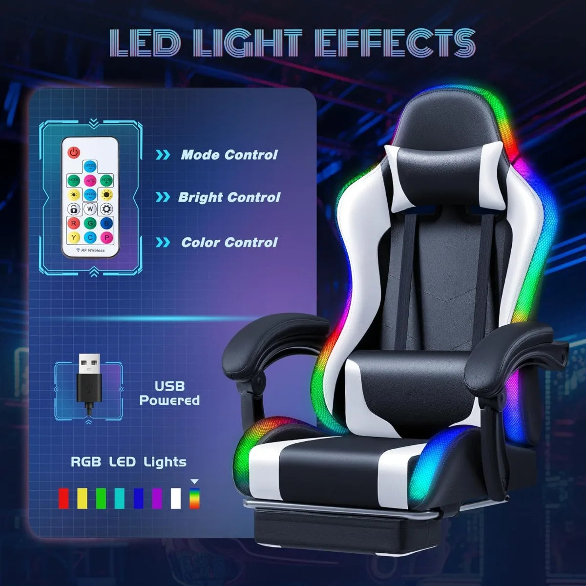 Chair with RGB LED Lights, Massage Lumbar Support & Footrest, Reclining High Back Computer Gamer Chair (White)